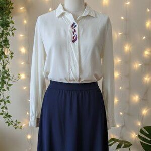 Vintage 80s Gina Made in USA Cream Paisley Embroidered Blouse Button Front Long